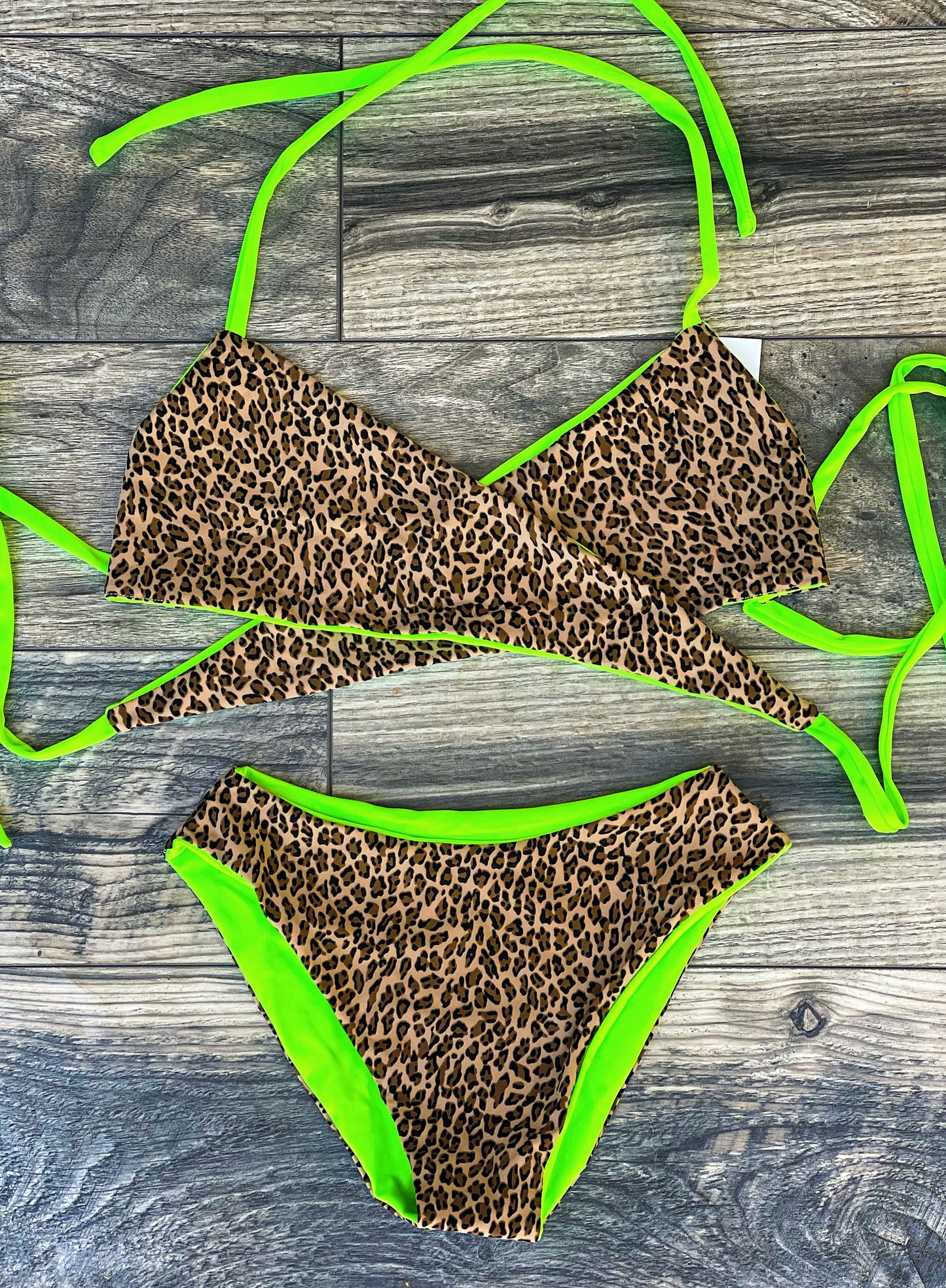Reversible Cheetah and Neon Green Bikini